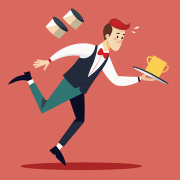 running waiter with tray and falling objects clip art preview