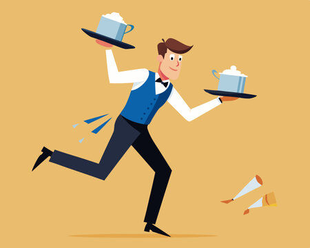 running waiter with trays, blue vest, cartoon style clip art preview