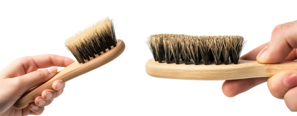 Wooden Shoe Brush With Bristles and a Horsehair Cleaning Pad Holding with Hand isolated on White or PNG Transparent Background