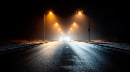 A secluded street, illuminated by glowing streetlights, showcases a tranquil and lonely atmosphere during the night, with far-off car headlights approaching from a distance.