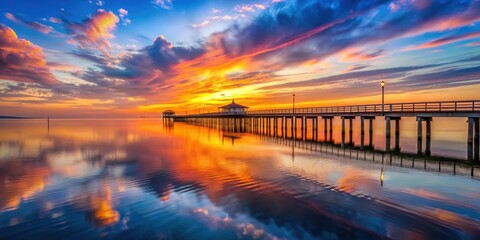 Fototapeta premium Sunset at the pier with colorful sky reflecting on calm water, sunset, pier, dusk, waterfront, ocean, sea, horizon, reflection