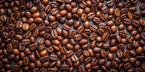 Close-Up of Roasted Coffee Beans, Overhead View, Dark Background, Coffee Beans, Roasted Coffee, Coffee, Caffeine