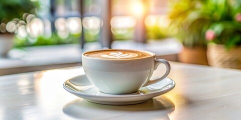 Fototapeta premium Coffee Break with Sunbeams, Latte Art, White Cup, Coffee Shop, Cafe , coffee , drink