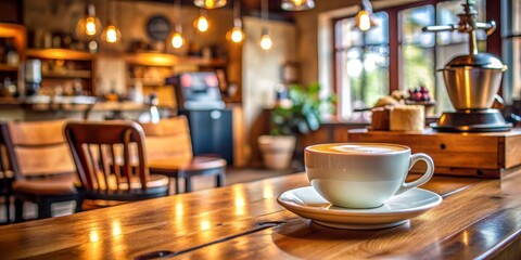 Fototapeta premium Coffee Cup on a Wooden Table in a Cozy Cafe, cafe , coffee , latte , espresso