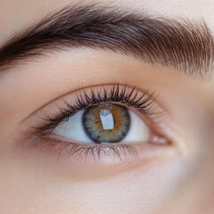 Fototapeta premium Close-up of a beautiful eye showcasing intricate details, natural lashes, and vibrant colors, emphasizing the beauty of human features.