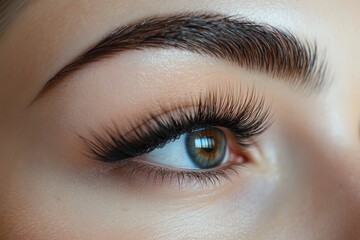 Obraz premium Close-up of a beautiful eye with long eyelashes and defined eyebrow, showcasing natural beauty and elegance.