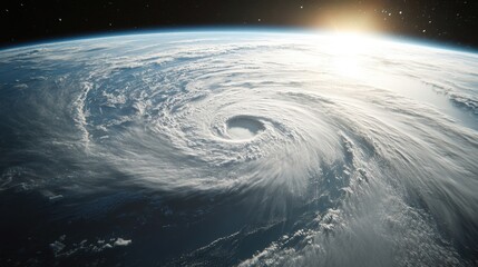 A large hurricane was seen over in the atmosphere from space, isolated on a black background