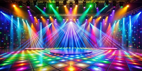 Colorful Stage Lighting with a Disco Ball Floor, Stage, Performance, Event, Party