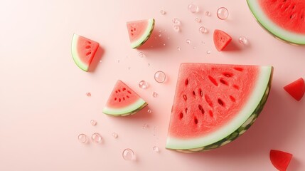 Watermelon slices on a pink background with water droplets.