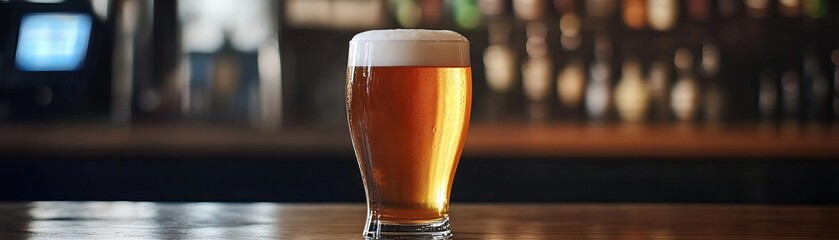 1 A detailed shot of a craft beer glass at a bar, emphasizing the foams creamy texture, set against a clean, neutral backdrop, extensive space on the right for copy