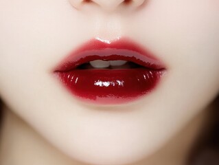 Fototapeta premium Close-up of glossy red lips highlighting beauty and elegance in makeup artistry.