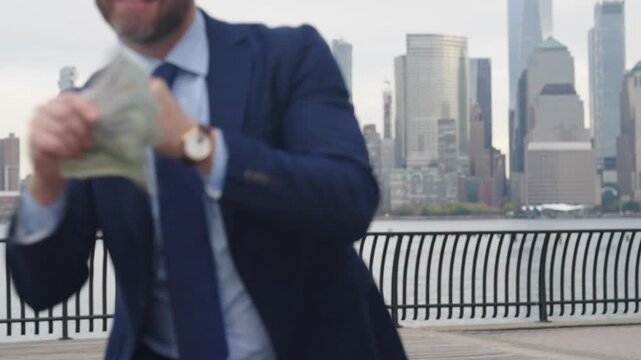 Investment success. Man business trader count cash. Successful in earning. Businessman make money. Business easy money success. Successful finance businessman in stock market growth. Dollar bills