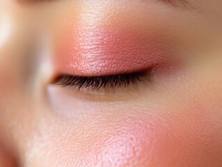 Obraz premium Close-up view of a soft and delicate makeup look featuring rosy blush and eyelids in natural light.