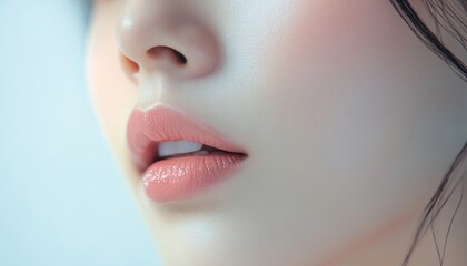 Obraz premium Close-up view of a woman's soft lips and flawless skin, highlighting beauty and elegance in a serene setting.