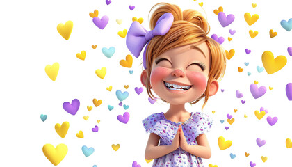 Fototapeta premium smiling happy cute little girl dress purple bow white background 3d yellow, blue, purple, orange flying hearts