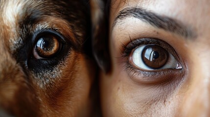 Close-up portrait of a dog and a girl, the photo shows half the dog's face and half the owner's face, pets concept