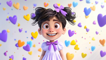 Fototapeta premium smiling happy cute little girl dress purple bow white background 3d yellow, blue, purple, orange flying hearts