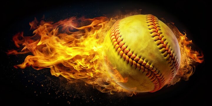 Fiery Softball on Black Background, 3D Render, Flames, Baseball, Sports, ,