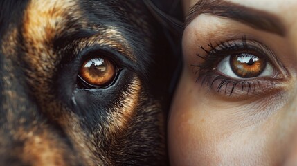 Close-up portrait of a dog and a girl, the photo shows half the dog's face and half the owner's face, pets concept