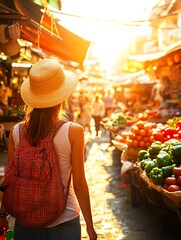 Closeup of a woman walking through bustling marketplace with colorful produce stalls