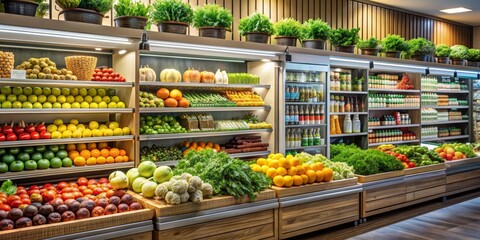 Fresh Produce Display in a Modern Grocery Store, grocery store, supermarket, fruits, vegetables , produce
