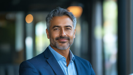 Fototapeta premium A confident businessman with gray hair and a warm smile, wearing a blue suit, standing in a modern professional setting, exuding leadership and success. 