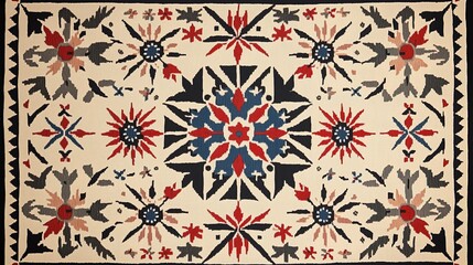 "An intricate traditional embroidery pattern featuring geometric designs with a symmetrical layout. The pattern is composed of bold colors: red, black, and blue,