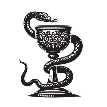 A snake wraps around a bowl, symbolizing healing and medicine, often associated with pharmacy or medical practice.  Black vintage Engraving vector illustration. Icon, logo, emblem. isolated. print