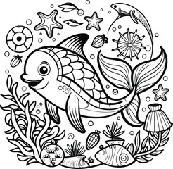 Fototapeta premium Sea Life Coloring Pages for Kids and KDP Interior. Cute Fish Coloring Book for Kids. Ai generated