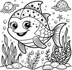 Sea Life Coloring Pages for Kids and KDP Interior. Cute Fish Coloring Book for Kids. Ai generated
