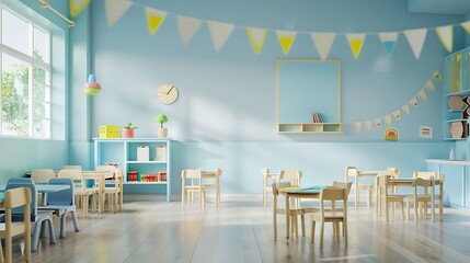 A pastel blue empty classroom with a charming, nursery school and tiny, child-sized chairs in a sweet, early childhood center