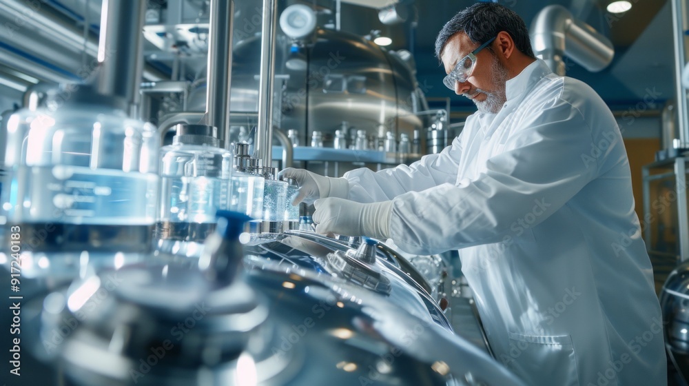 Poster a man in a lab coat is working with a machine that has a lot of tubes