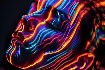 Vibrant neon lines embracing a calm face in abstract digital art, futuristic design with dynamic movement and bright colors.