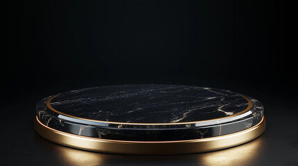 pedestal,podium,mock up for product display, Black marble podium with gold trim on dark background.