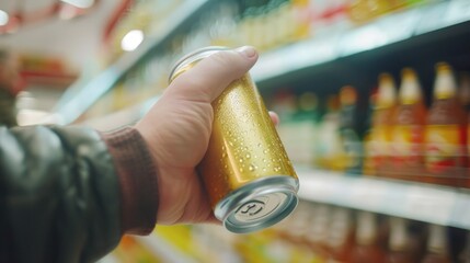 A person is holding a can of beer in a store