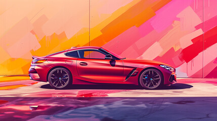  A vibrant illustration sports car depicted against an abstract wall in rich pink and orange tones. The car emphasizes elegance and speed