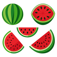 Set of sweet tasty Fresh fruit and juicy Watermelon seed half-cut slice vector illustration, Green organic watermelon 3d vector icon set.