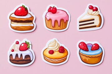 Sweet dessert stickers with cakes, cookies, and pies on a plain background
