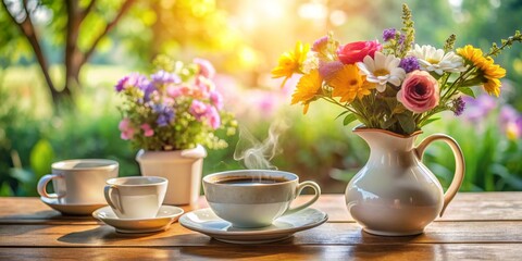 Fototapeta premium Morning Coffee with Blooming Flowers, Cup, Coffee, Flowers, Sun, Breakfast