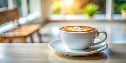Fototapeta premium Morning Coffee with a Leaf Design in a White Cup on a Wooden Table, coffee , latte , cafe , drink