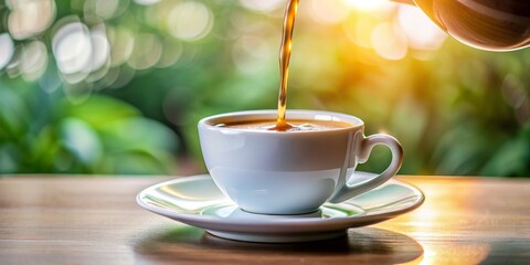 Obraz premium Morning Coffee Pour in White Cup on Wooden Table, Coffee , Tea , Beverage , Morning