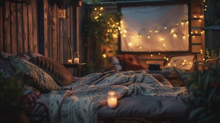 A cozy outdoor movie night with blankets, pillows, and a projector