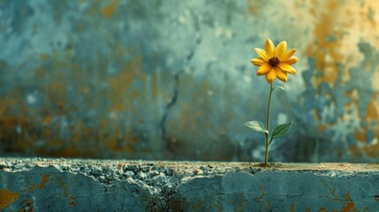 A solitary yellow flower grows defiantly on a cracked concrete surface, symbolizing resilience and hope in an urban environment.