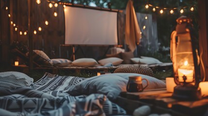 A cozy outdoor movie night with blankets, pillows, and a projector