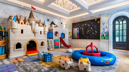  A whimsical children's playroom with a playhouse shaped like a castle a soft play area with colorful climbing structures and a wall chalkboard for artistic expression 