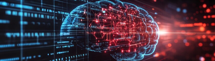 Fototapeta premium A digital illustration of a glowing brain with interconnected data points, symbolizing advanced technology and intelligence.