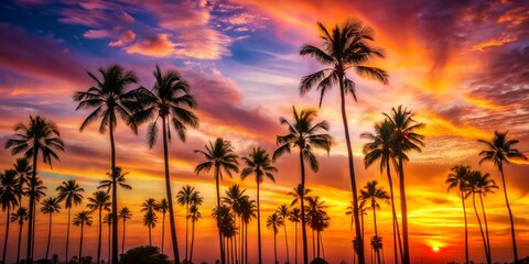 Palm Tree Silhouettes Against a Fiery Sunset, tropical , sunset , silhouette , palm trees
