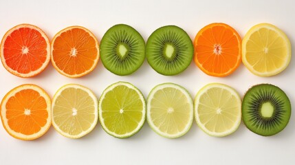Obraz premium Vividly colored slices of citrus fruits including oranges, lemons, limes, and kiwis are arranged in a neat horizontal line, showcasing a spectrum of freshness.