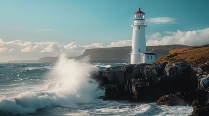 Obraz premium A picturesque lighthouse on a rocky coast with waves crashing