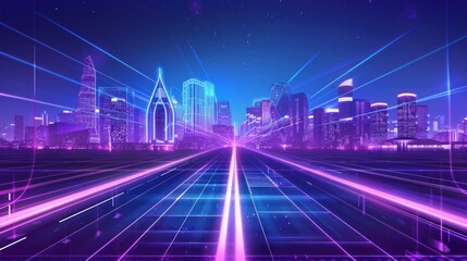 Fototapeta premium Neon Cityscape with Glowing Road